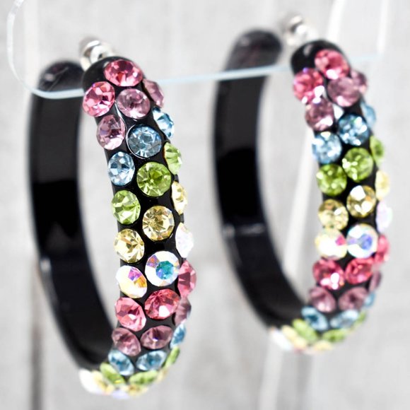 2" Diagonal Multicolor Rhinestones Black Hoops (B) - Picture 3 of 13